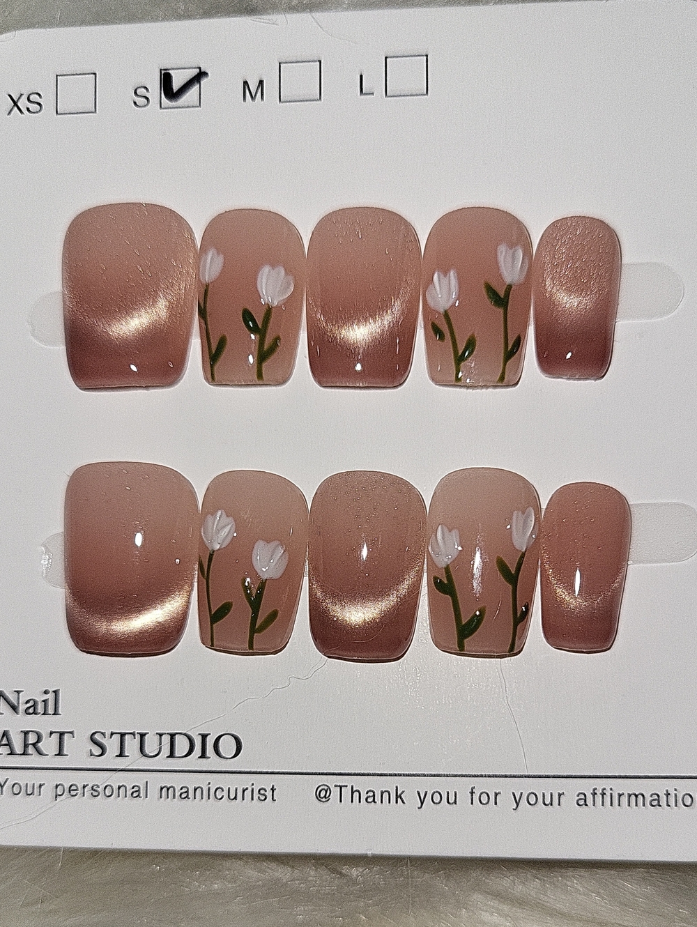 (S)🎀Premium Nail Art Nude/pink Square Round Style w/Tulip Cateye Nails